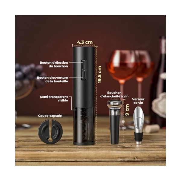 GHB Tire-Bouchon Electrique Rechargeable Ouvre Bouteille Electrique 6 EN 1 avec Coupe-Capsule, Verseur, Bouchon à Vin Cadeau 