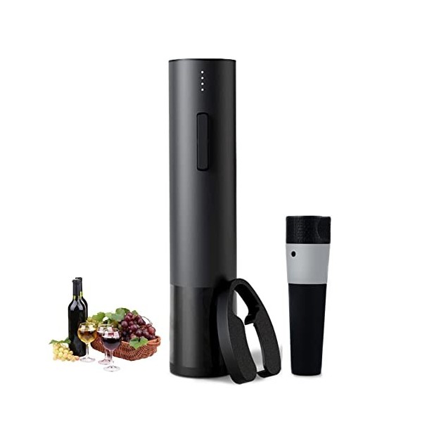 Tire-bouchon électrique pour bouteille de vin - Rechargeable avec coupe-capsule et câble USB - Noir