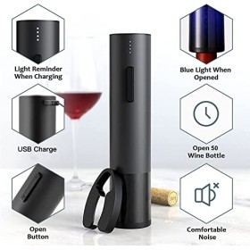 Tire-bouchon électrique pour bouteille de vin - Rechargeable avec coupe-capsule et câble USB - Noir