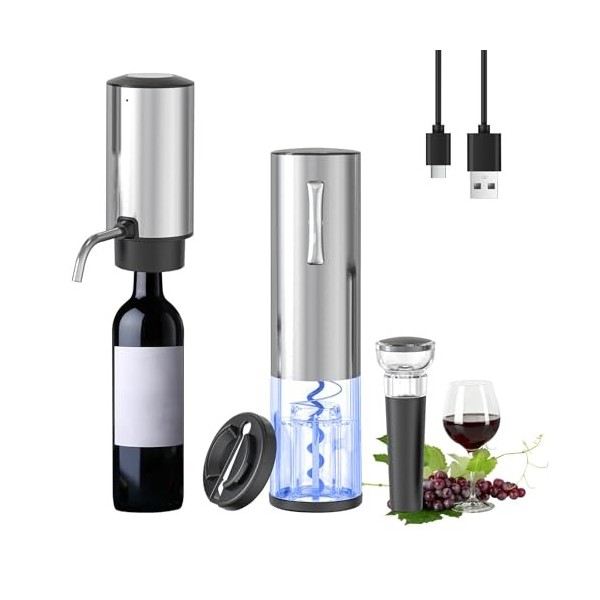 Cuteefun Tire Bouchon Electrique, Ouvre Bouteille Rechargeable 5 en 1, avec Distributeur de Vin éLectrique et Carafe, Coupe-É