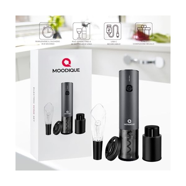 MOODIQUE Tire-bouchon électrique pour vin Set professionnel rechargeable USB et LED pour niveau de batterie, ouvre-bouteille 