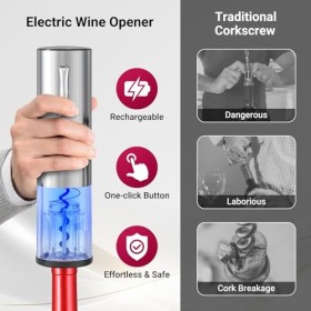 Todeco Tire Bouchon Electrique 4 en 1 Coffret Cadeau avec Ouvre Bouteille Rechargeable, Aérateur de Vin Automatique, Coupe-Ca