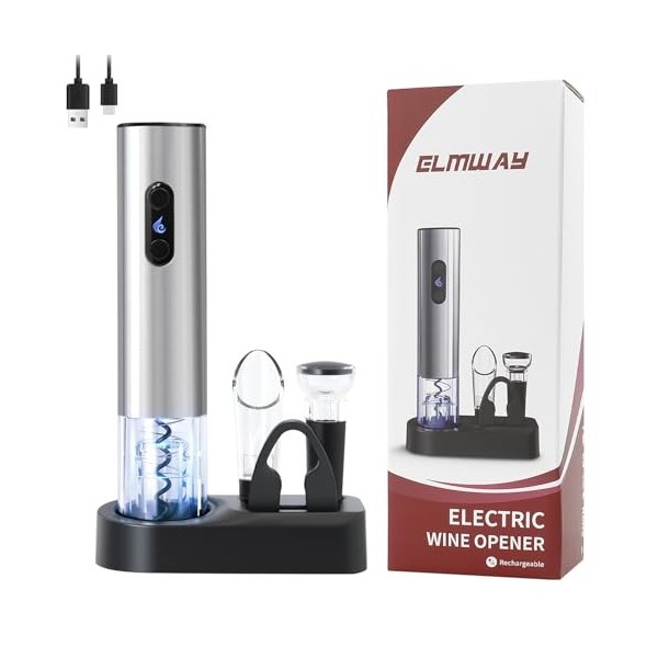ELMWAY Ensemble tire-bouchon électrique rechargeable avec base de rangement, décapsuleur sans fil en acier inoxydable pour la