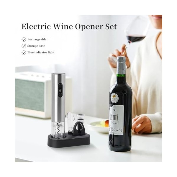 ELMWAY Ensemble tire-bouchon électrique rechargeable avec base de rangement, décapsuleur sans fil en acier inoxydable pour la