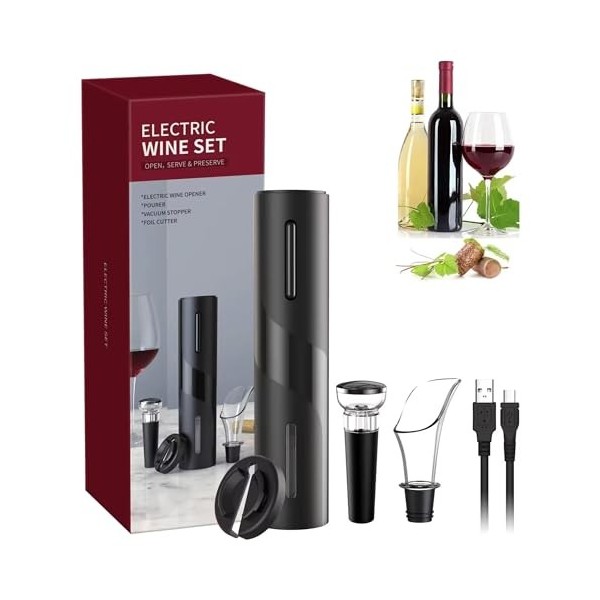 Tire-bouchon électrique électrique automatique rechargeable avec USB, kit de vin 5 en 1 avec câble de charge USB, coupe-papie