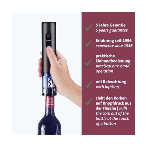 Westmark Tire-bouchon Vasco – ouvre-bouchon électrique pour bouteilles de vin avec bouchons, tire-bouchon sans effort dune s
