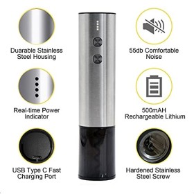 Tire-bouchon électrique automatique rechargeable avec coupe-capsule et câble USB Argent 