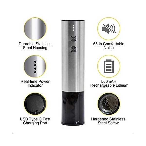 Tire-bouchon électrique automatique rechargeable avec coupe-capsule et câble USB Argent 
