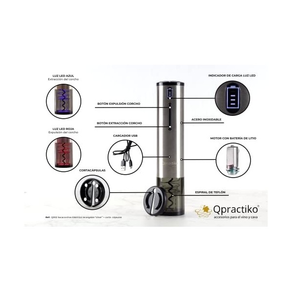 Qpractiko - Tire-bouchon Électrique Rechargeable | Ouvre jusquà 70 Bouteilles | Indicateur LED | Coupe-Capsule Inclus | Char