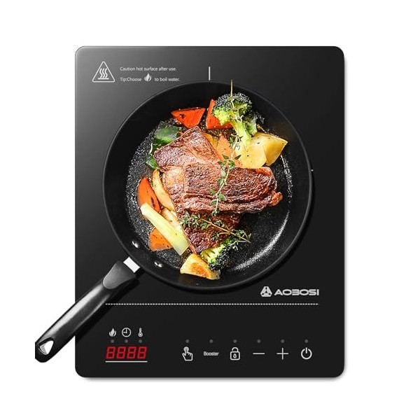 Aobosi Plaque de cuisson à induction 1 plaque, plaque à induction, portable avec 10 niveaux de puissance, 10 réglages de temp