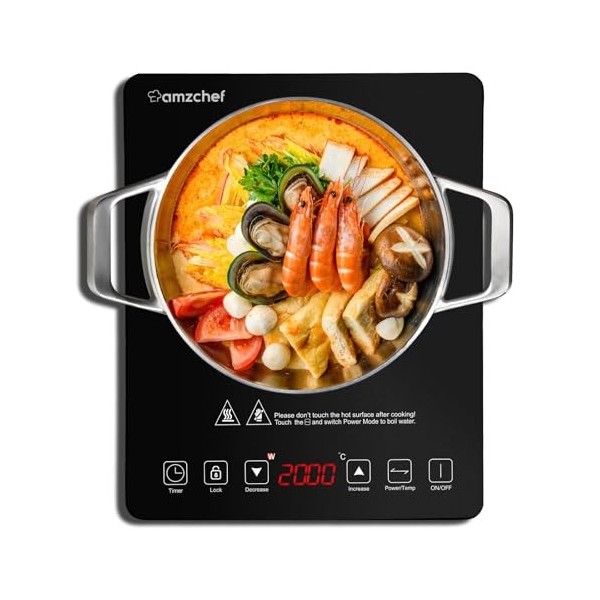 AMZCHEF plaque de cuisson à induction, plaque induction portable, de 2000 W avec corps mince, 20 niveaux de puissance, 20 rég