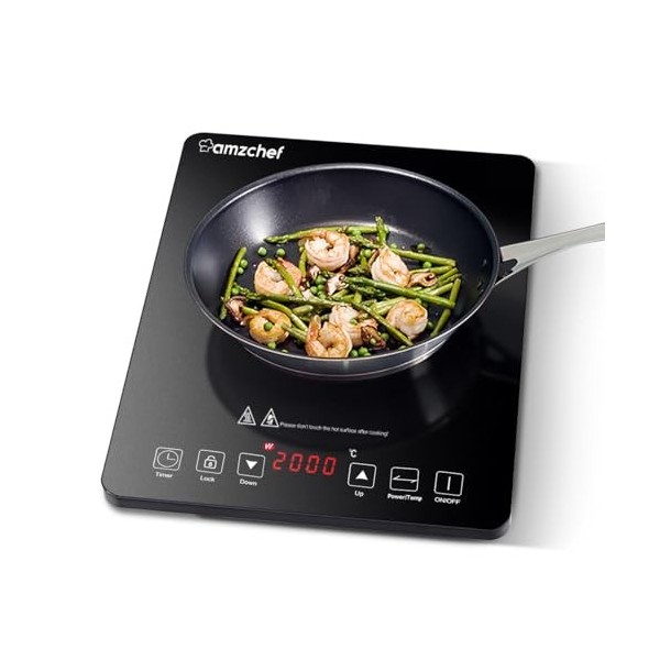 Plaque Induction Portable AMZCHEF, plaque de cuisson à induction de 2000 W avec corps mince, 10 niveaux de puissance, 10 régl