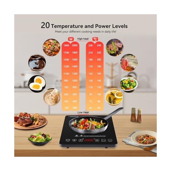 Plaque Induction Portable AMZCHEF, plaque de cuisson à induction de 2000 W avec corps mince, 10 niveaux de puissance, 10 régl