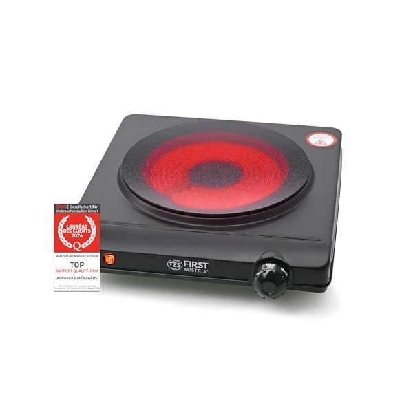 TZS First Austria Plaque de Cuisson Infrarouge Vitrocéramique, 1250W, Plaque Électrique avec Foyer de 19cm de Diamètre, 5 Niv