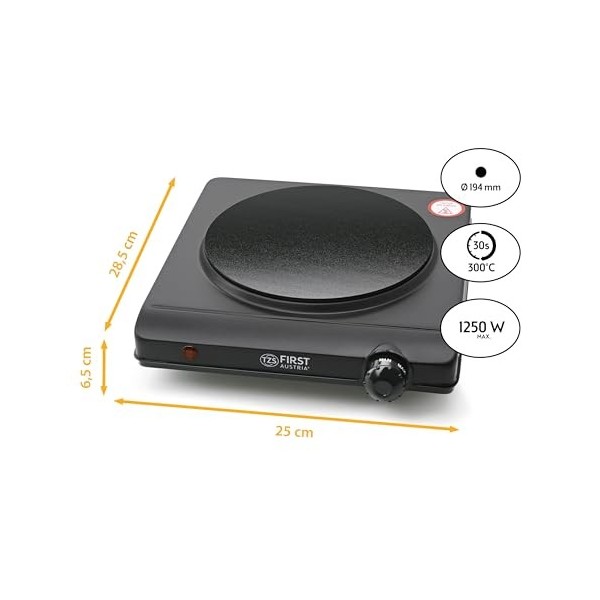 TZS First Austria Plaque de Cuisson Infrarouge Vitrocéramique, 1250W, Plaque Électrique avec Foyer de 19cm de Diamètre, 5 Niv