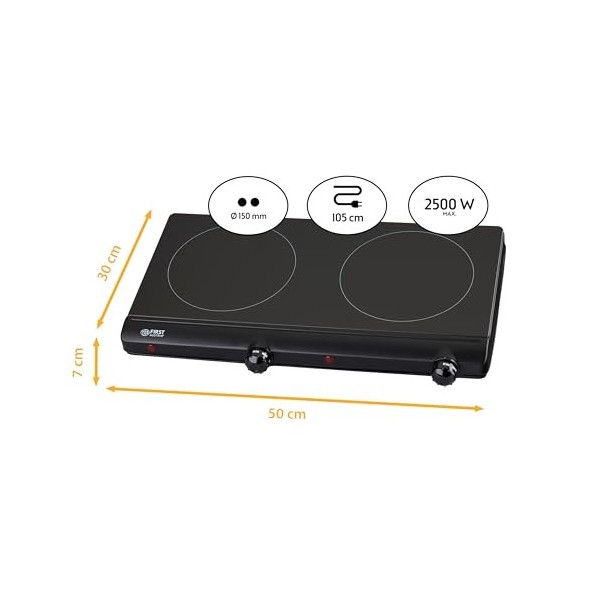 TZS First Austria Plaque de Cuisson Vitrocéramique 2 Feux, 2500W, Infrarouge, Plaque Electrique avec 2 Plaques Chauffantes de