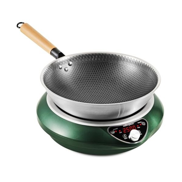 Plaque à Induction Abangdun avec Wok, 2500W Plaque de Cuisson à Induction avec 16 Niveaux de Puissance, 200W-2500W, Plage de 