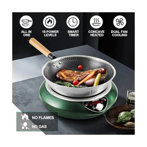 Plaque à Induction Abangdun avec Wok, 2500W Plaque de Cuisson à Induction avec 16 Niveaux de Puissance, 200W-2500W, Plage de 