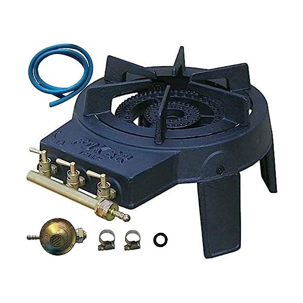 FOKER-Réchaud à Gaz en Fonte ，3 Robinets-28/37Mbar,4 pieds 3 robinets + Tuyau gaz à vis 1.50m + Détendeur Butane