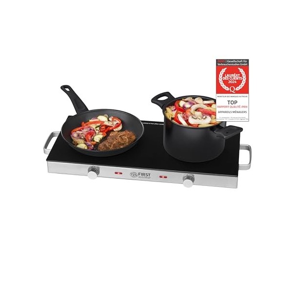 TZS First Austria Plaque Vitrocéramique 2 Feux, 2800W, Noir, Électrique - Plaque de Cuisson avec Infrarouge, 0 à 300°C en 30 