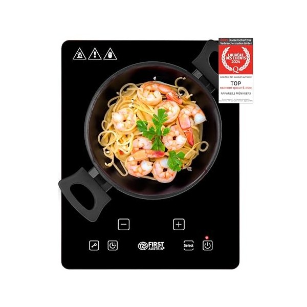 TZS First Austria Plaque de cuisson Électrique, 2000W, Noir, Table de Cuisson Vitrocéramique avec Infrarouge, Diamètre de 17,
