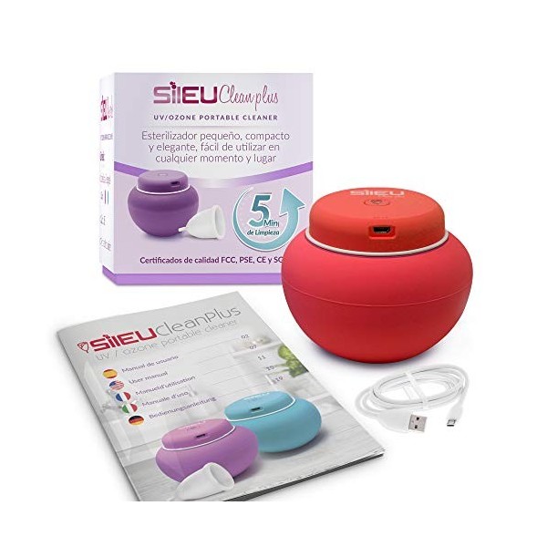Sileu Clean Plus Stérilisateur électrique rechargeable USB compact pour verres menstruels - Lampe à quartz UV et ozone - Roug