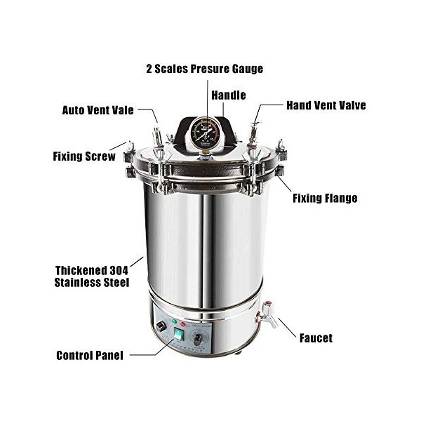hzexun Stérilisateur à vapeur électrique en acier inoxydable pour équipement médical dentaire réglage du temps, 18 l 