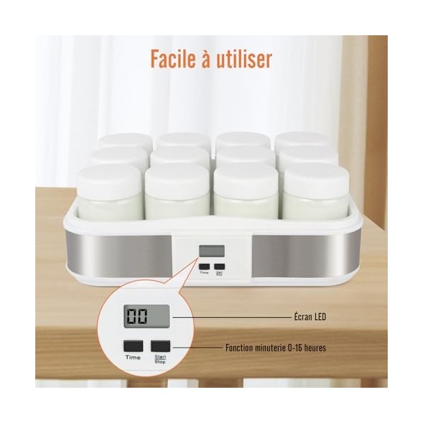 Leogreen - Yaourtière, Machine pour Yahourt Naturel, 12 pots, avec minuteur, 30,6 x 25 x 12,4 cm, Blanc, Capacité par pot: 0,