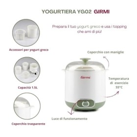 Girmi YG02 YG02 Yaourtière électrique avec accessoires pour yaourt grec, capacité totale 1,5 litres, 2 récipients pour utilis