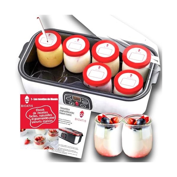 Yaourtière Inox Améliorée Compacte. 84 Recettes et Notice française. Couvercle hermétique avec Etiquette et Marqueur Inclus. 