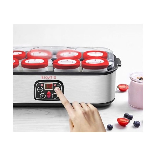 Yaourtière Inox Améliorée Compacte. 84 Recettes et Notice française. Couvercle hermétique avec Etiquette et Marqueur Inclus. 