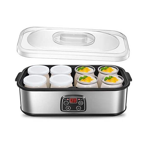 Yaourtière 8 Pots, 180ml Pot en Verre avec Couvercle, Yaourtière avec Écran Numérique, Thermostat Réglable et Minuterie, Arrê