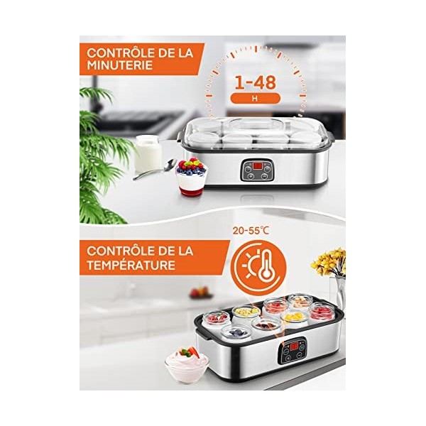 Yaourtière 8 Pots, 180ml Pot en Verre avec Couvercle, Yaourtière avec Écran Numérique, Thermostat Réglable et Minuterie, Arrê