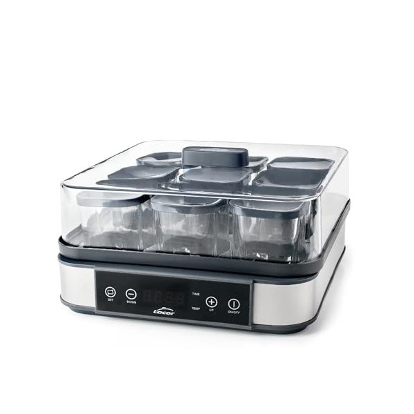 Lacor - 69439 - Yaourtière en Verre Deva, 9 Bocaux en Verre Inclus, Température Réglable, Minuterie, Arrêt Automatique, Livre