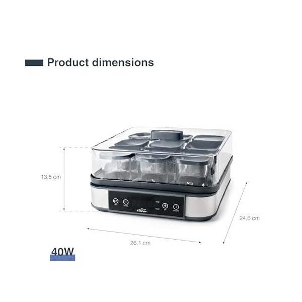 Lacor - 69439 - Yaourtière en Verre Deva, 9 Bocaux en Verre Inclus, Température Réglable, Minuterie, Arrêt Automatique, Livre
