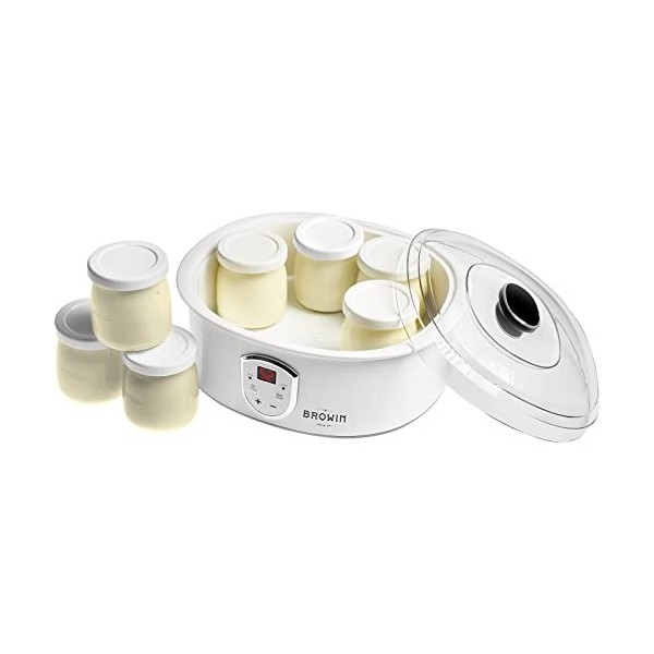 Browin 801015 Yaourtière avec thermostat et verres, 7 pots à yaourt avec couvercle, 1,3 l, 20 W