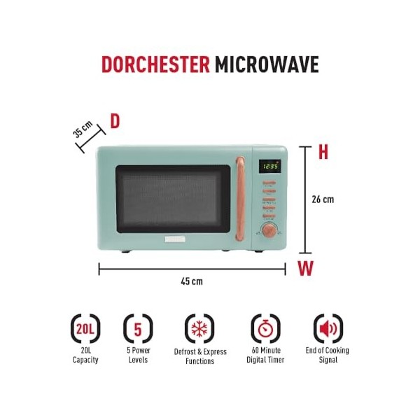Haden Dorchester Green Four à micro-ondes – 20 L 800 W, commandes numériques, 5 niveaux de puissance – Idéal pour le comptoir