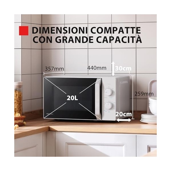 Toshiba MW2-MM20P WH Four à micro-ondes standard 20 litres 800 W 5 niveaux de puissance avec fonction de décongélation prati