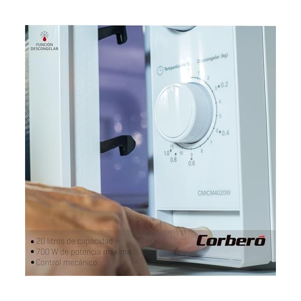 Corberó CMICM4020W Micro-ondes à installation libre, cap. 20 litres, blanc, puissance 700 W, décongélation, 5 niveaux puissan