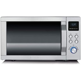 SEVERIN Four Micro-ondes, Gril, Chaleur tournante 2 150W, 25L, 10 niveaux de puissance, Plaque à pizza Ø 28 cm , Inox, MW 77