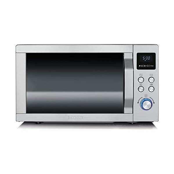 SEVERIN Four Micro-ondes, Gril, Chaleur tournante 2 150W, 25L, 10 niveaux de puissance, Plaque à pizza Ø 28 cm , Inox, MW 77