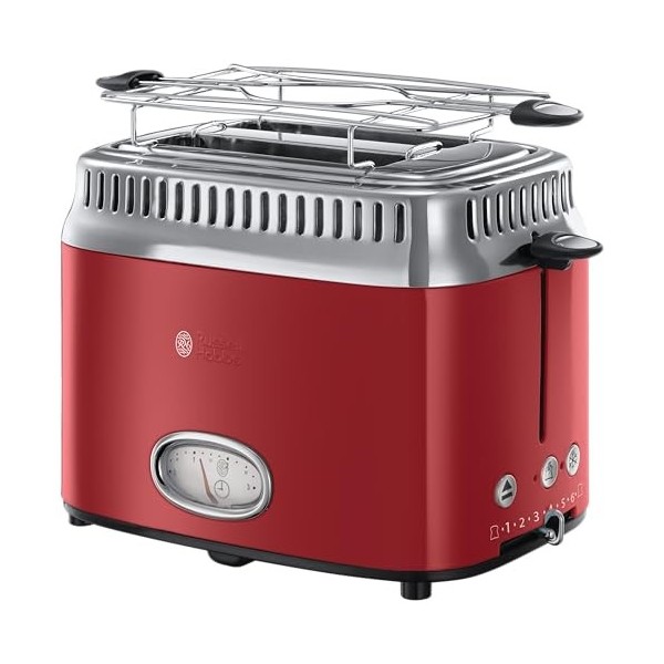 Russell Hobbs Grille Pain [Design Vintage Premium] Retro rouge 2 Tranches, 6 niveaux de brunnissage rapide, Fonction annulat