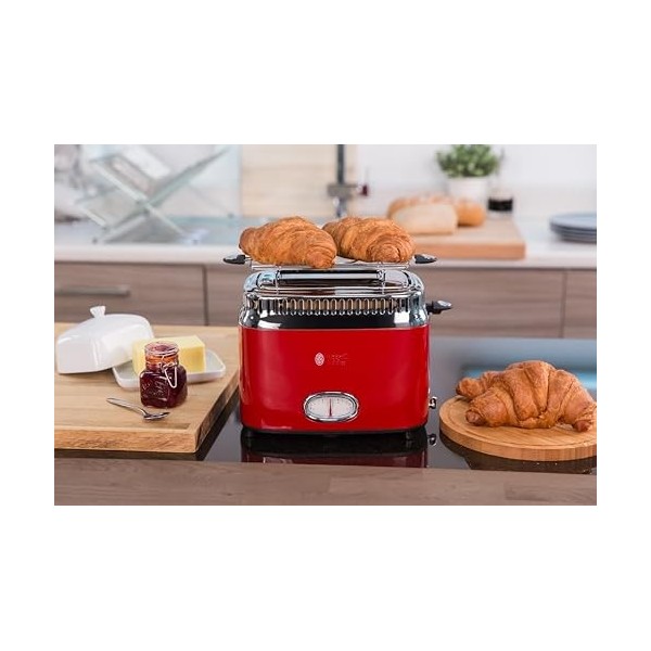 Russell Hobbs Grille Pain [Design Vintage Premium] Retro rouge 2 Tranches, 6 niveaux de brunnissage rapide, Fonction annulat