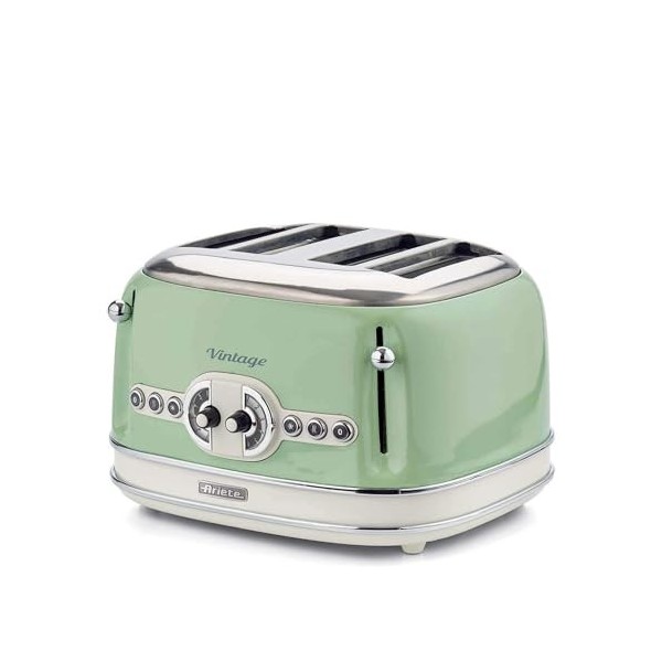 Ariete Vintage 4 Slices Toaster 156, Grille-Pain avec 6 Niveaux de Grillage, Éjection Automatique, Fonction Décongélation, Ti