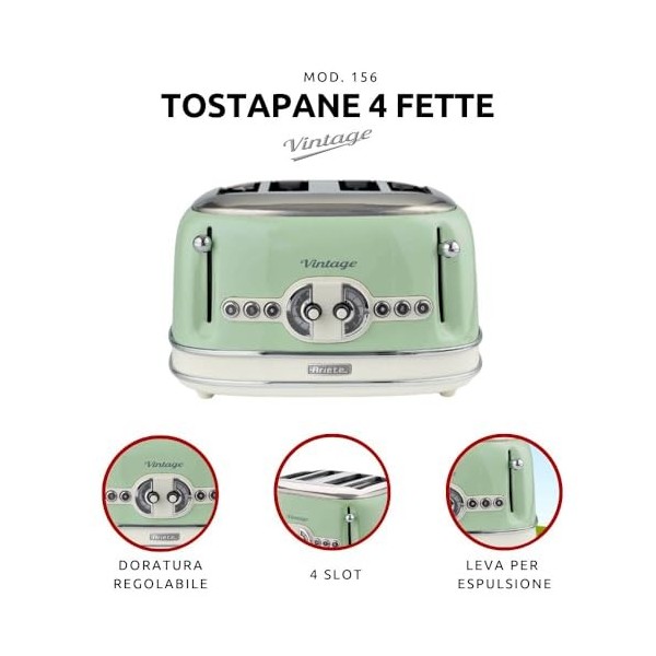 Ariete Vintage 4 Slices Toaster 156, Grille-Pain avec 6 Niveaux de Grillage, Éjection Automatique, Fonction Décongélation, Ti