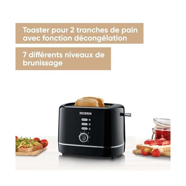 SEVERIN Grille-pain automatique 850 W, Toaster compact 2 fentes jusquà 2 tranches, Grille-pain électrique avec réglage du de