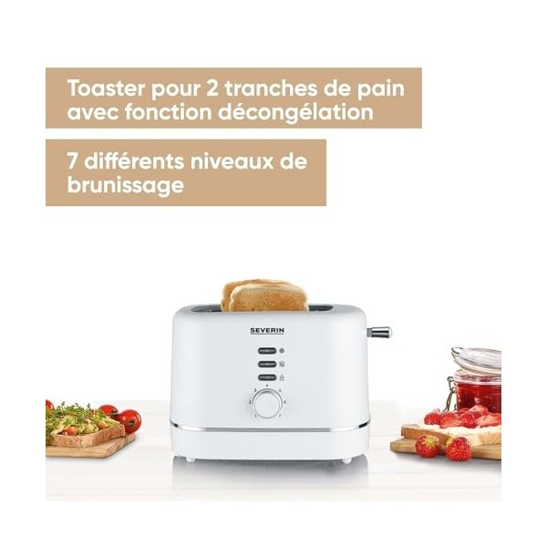 SEVERIN Grille-pain automatique 850 W, Toaster compact 2 fentes jusquà 2 tranches, Grille-pain électrique avec réglage du de