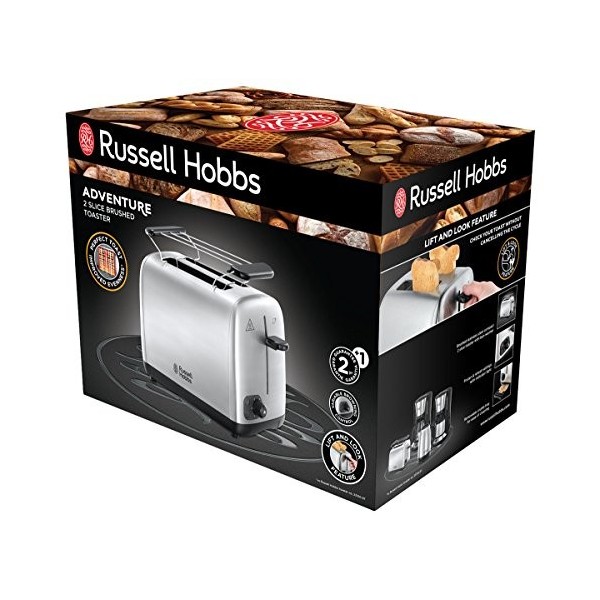 Russell Hobbs Grille Pain [Pour 2 Tranches] Adventure Acier Inox 2 Fentes extra larges,6 Niveaux de Brunissage rapide,Surélé