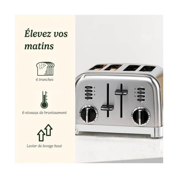 Cuisinart Grille-pain 4 tranches - Fentes larges, idéal pour le pain épais et les bagels - 6 niveaux de brunissage et décongé