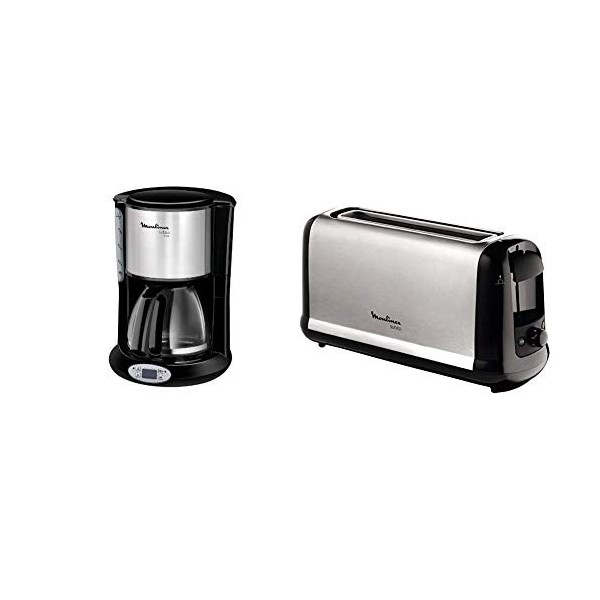 Moulinex FG362810 Cafetière Filtre Principio Programmable 10-15 Tasses Verseuse Verre Anti-Goutte Subito inox Grille pain 1 l